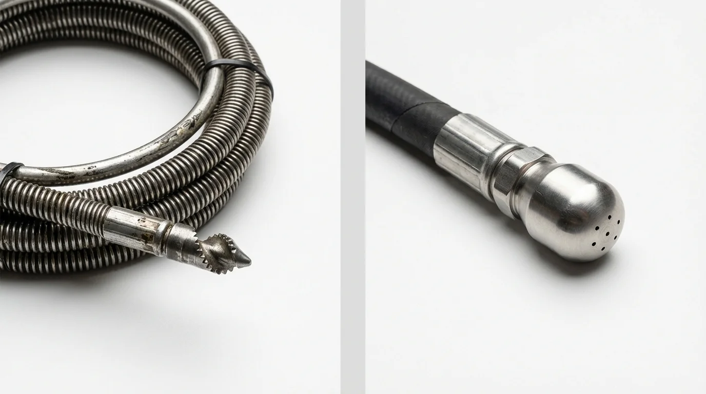 Drain snake cable and hydro jetting nozzle used for drain cleaning in Union City, OH