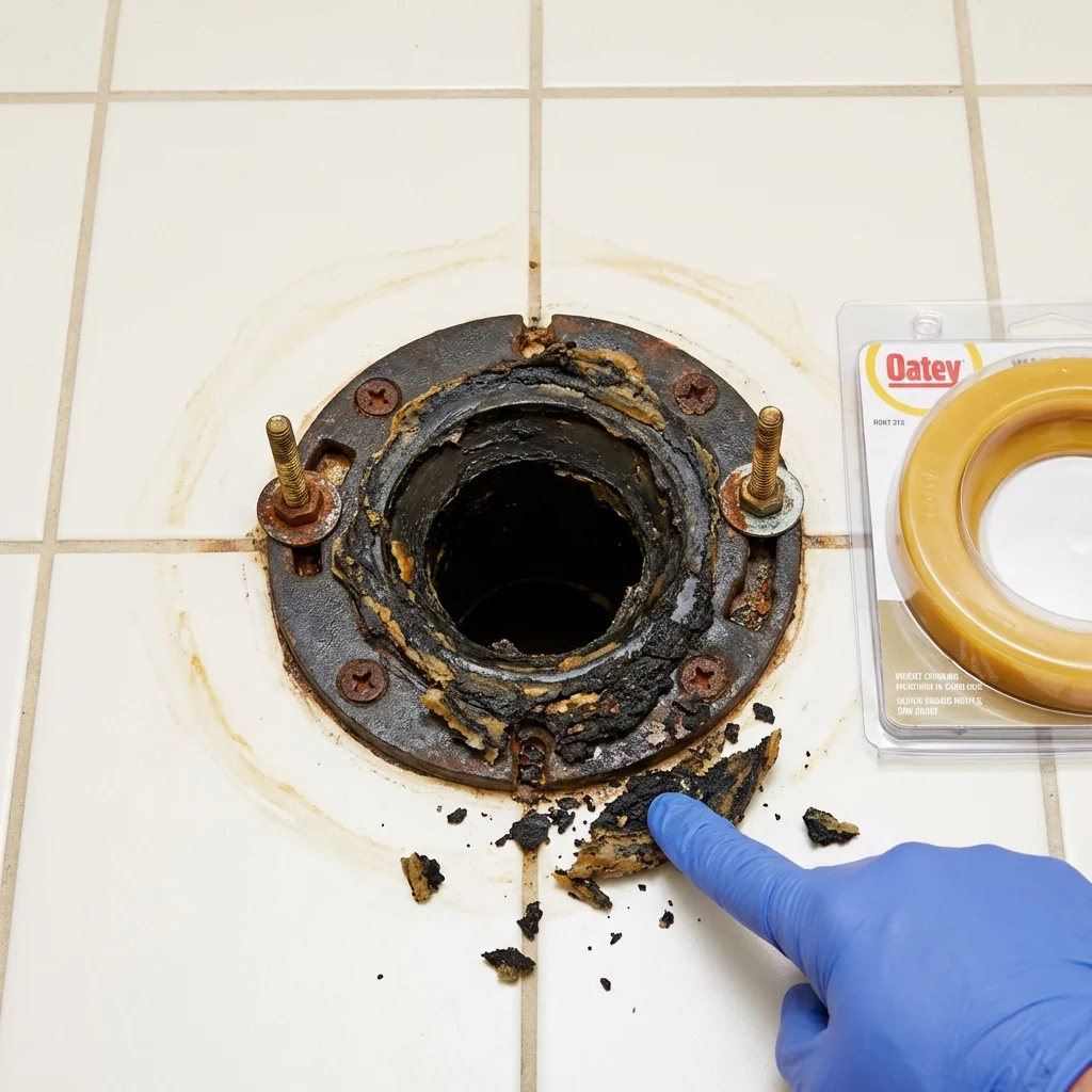 Failed wax ring showing water seepage at the base of a toilet in a Union City, OH home