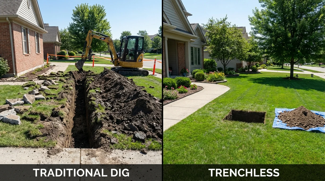 Trenchless sewer repair with minimal yard damage versus traditional excavation in Union City, OH