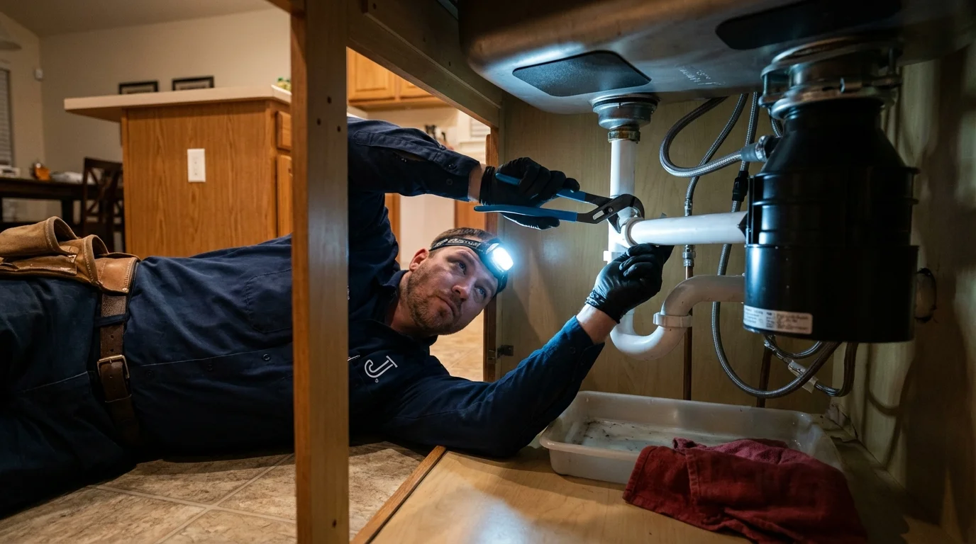 P-trap and supply line connections under a kitchen sink showing a common leak point in Union City, OH